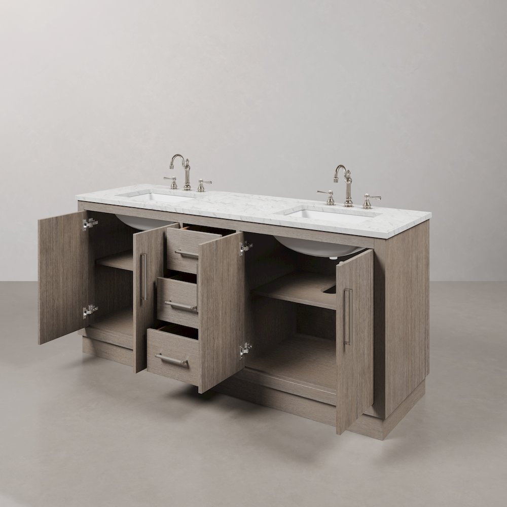 Hugo 72 In. Double Sink Carrara White Marble Countertop Bath Vanity in Grey Oak. Picture 7