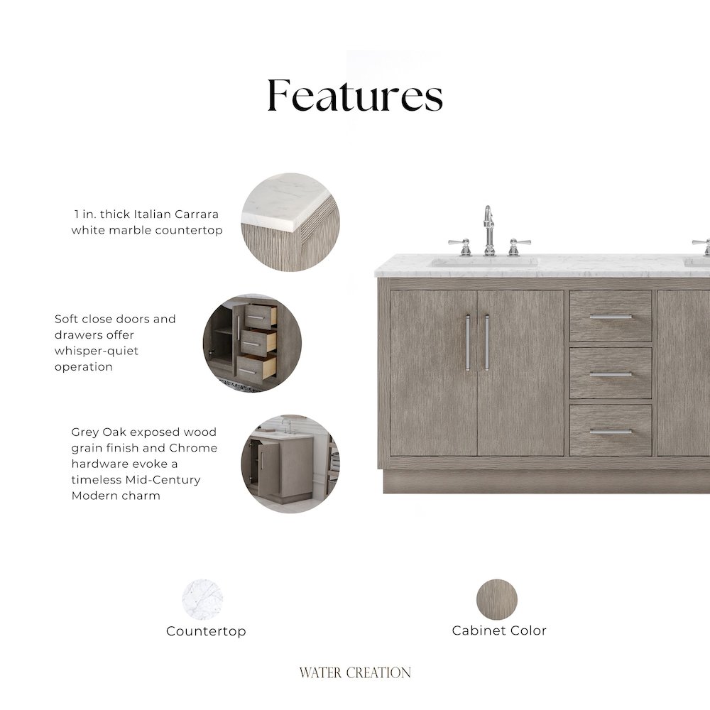 Hugo 72 In. Double Sink Carrara White Marble Countertop Bath Vanity in Grey Oak. Picture 15