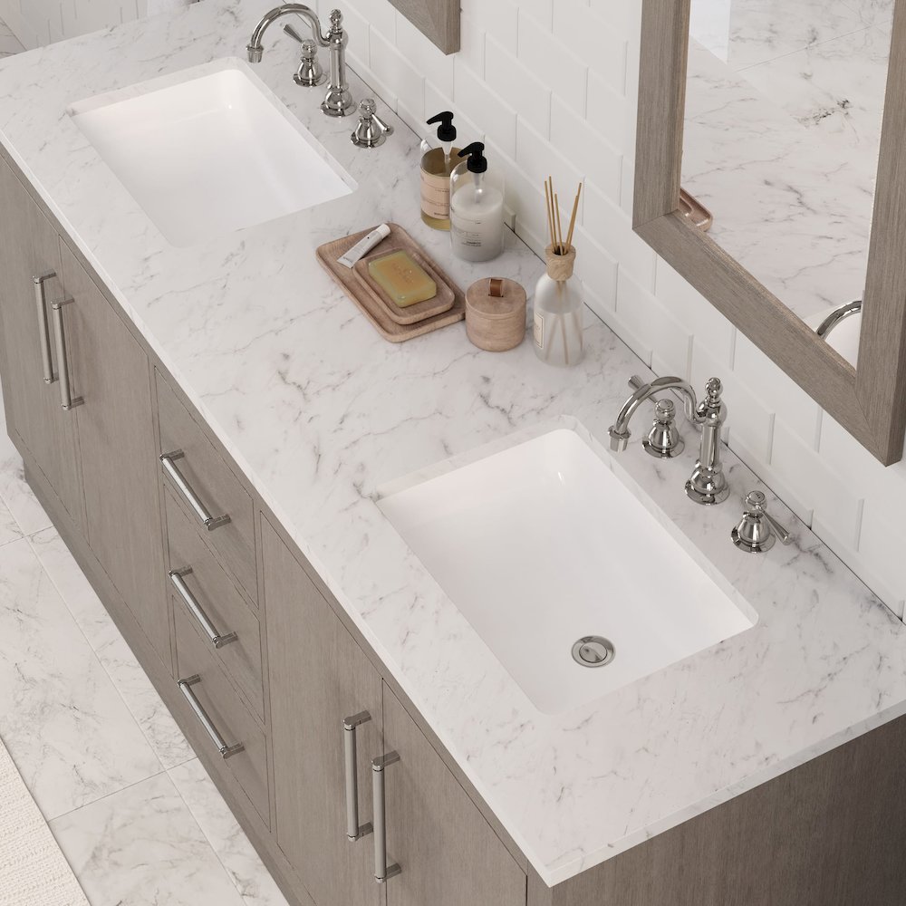 Hugo 72 In. Double Sink Carrara White Marble Countertop Bath Vanity in Grey Oak. Picture 12