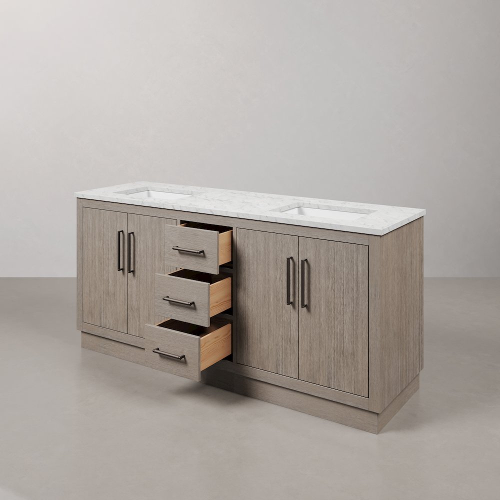 Hugo 72 In. Single Sink Carrara White Marble Countertop Vanity in Grey Oak. Picture 6