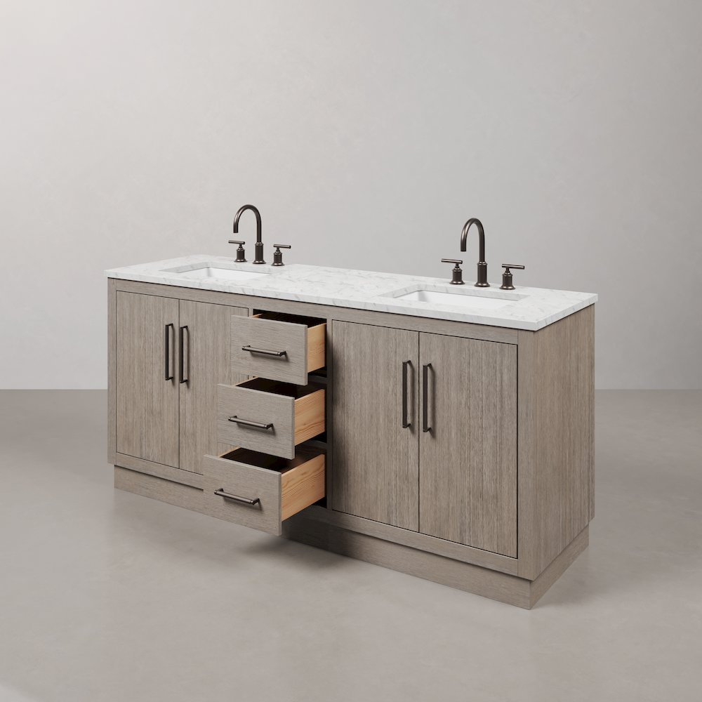 Hugo 72 In. Single Sink Carrara White Marble Countertop Vanity in Grey Oak. Picture 6