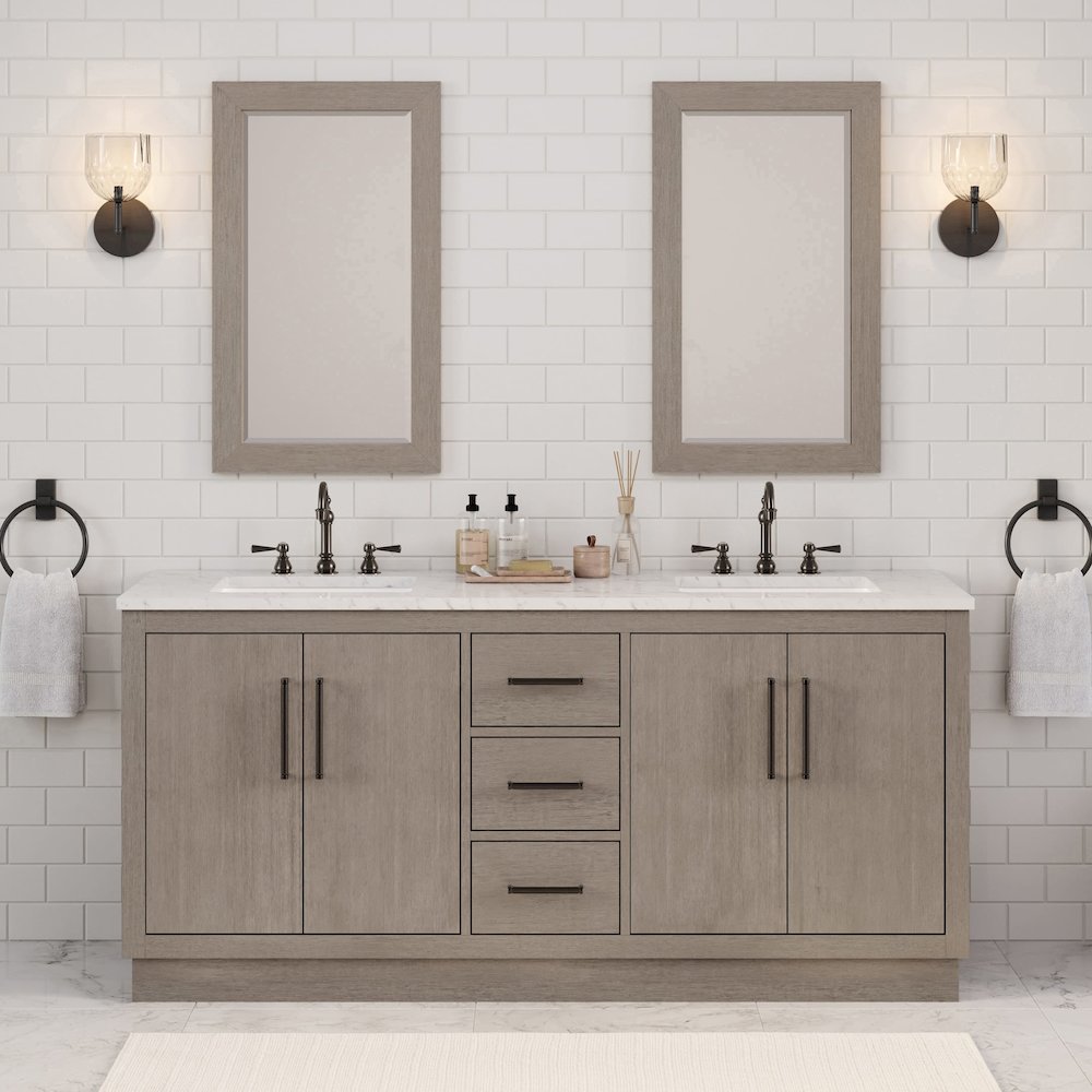 Hugo 72 In. Single Sink Carrara White Marble Countertop Vanity in Grey Oak. Picture 2