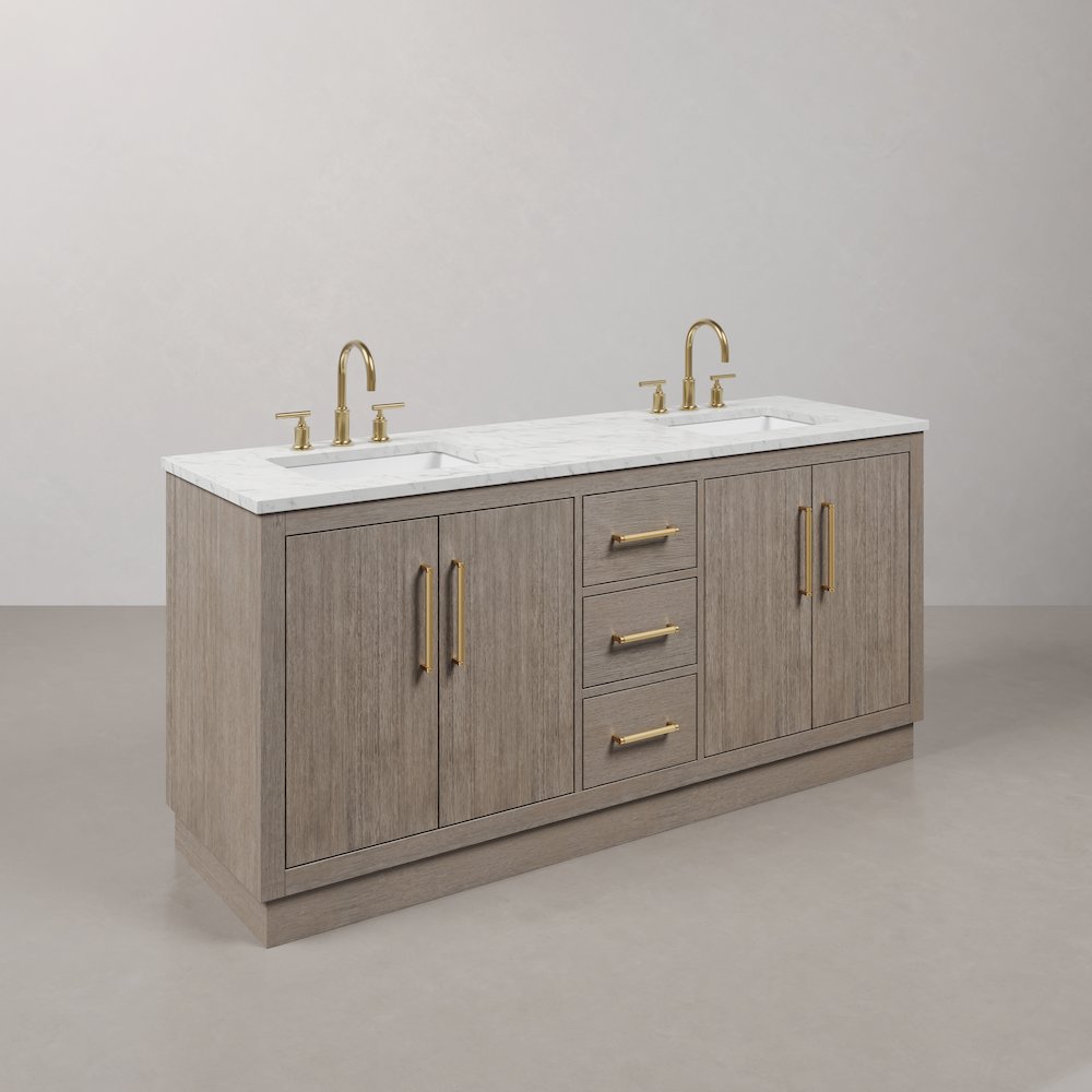 Hugo 72 In. Double Sink Carrara White Marble Countertop Bath Vanity in Grey Oak. Picture 3
