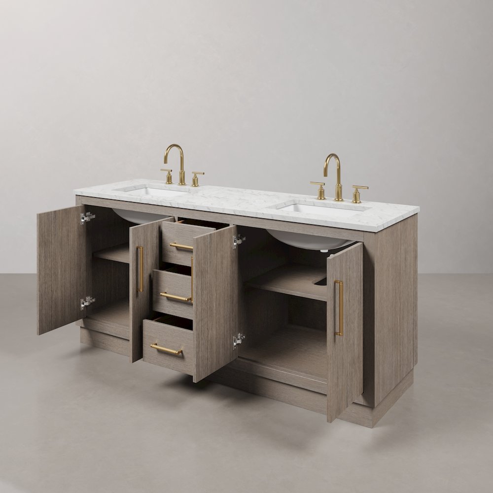 Hugo 72 In. Double Sink Carrara White Marble Countertop Bath Vanity in Grey Oak. Picture 8