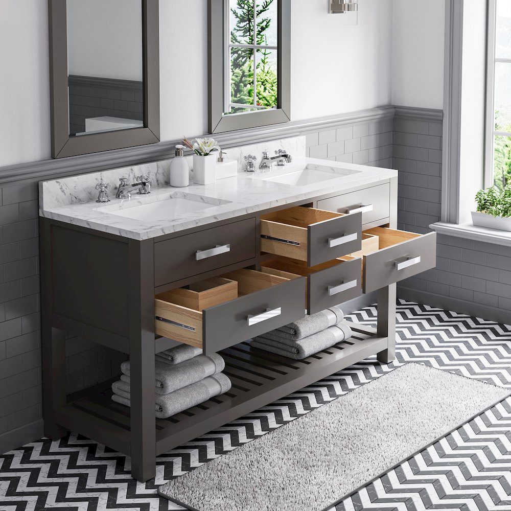 Madalyn 60 In. Double Sink Carrara White Marble Countertop Bath Vanity. Picture 4