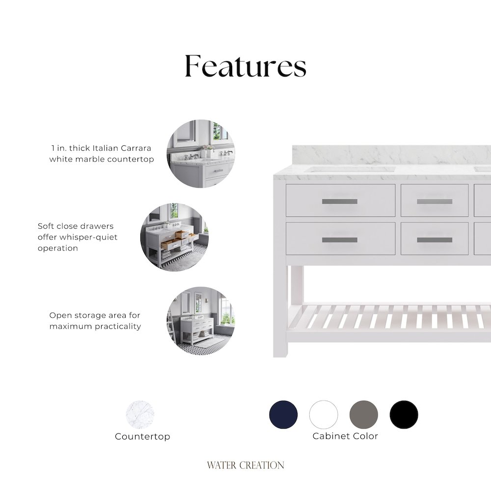 Madalyn 60 In. Double Sink Carrara White Marble Countertop Bath Vanity. Picture 8
