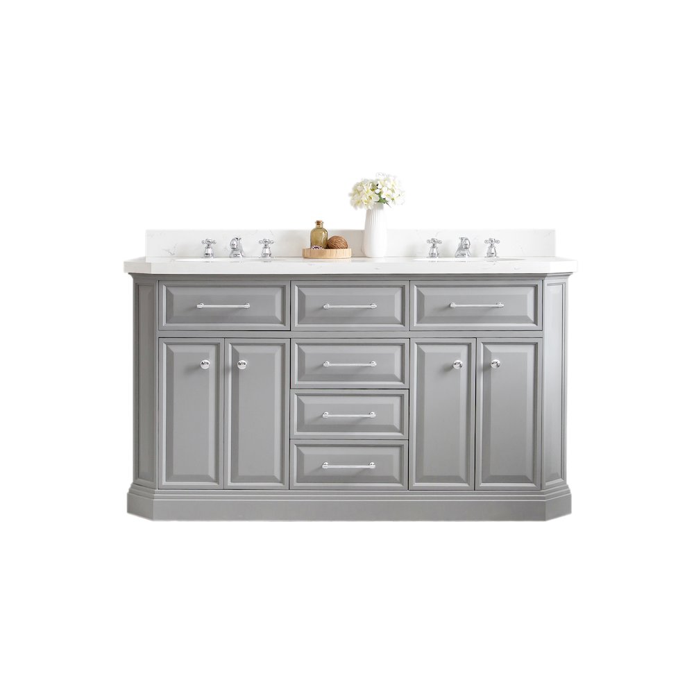 Palace 60 In. Double Sink Carrara Quartz Countertop Bath Vanity in Cashmere Grey. Picture 1