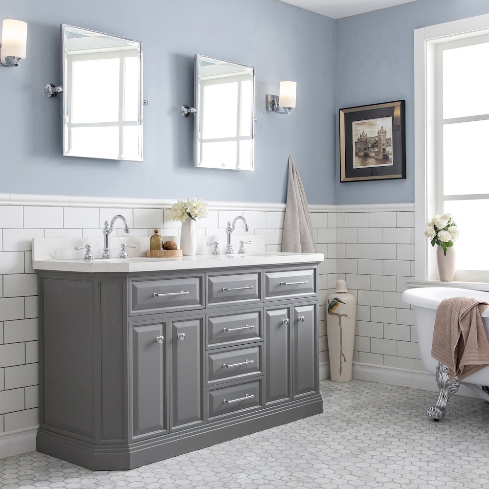 Palace 60 In. Double Sink Carrara Quartz Countertop Bath Vanity in Cashmere Grey. Picture 3
