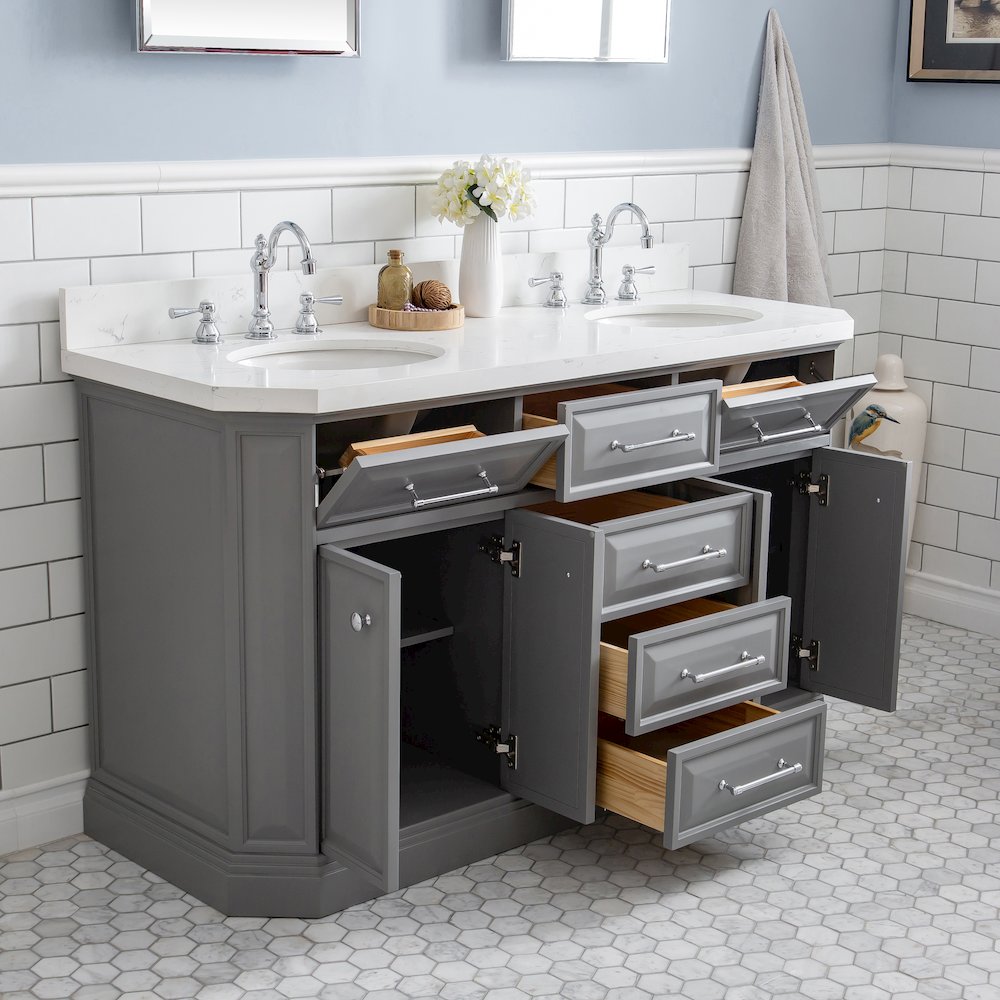Palace 60 In. Double Sink Carrara Quartz Countertop Bath Vanity in Cashmere Grey. Picture 4