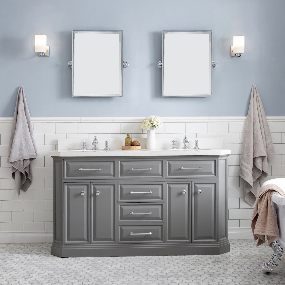Palace 60 In. Double Sink Carrara Quartz Countertop Bath Vanity in Cashmere Grey. Picture 2