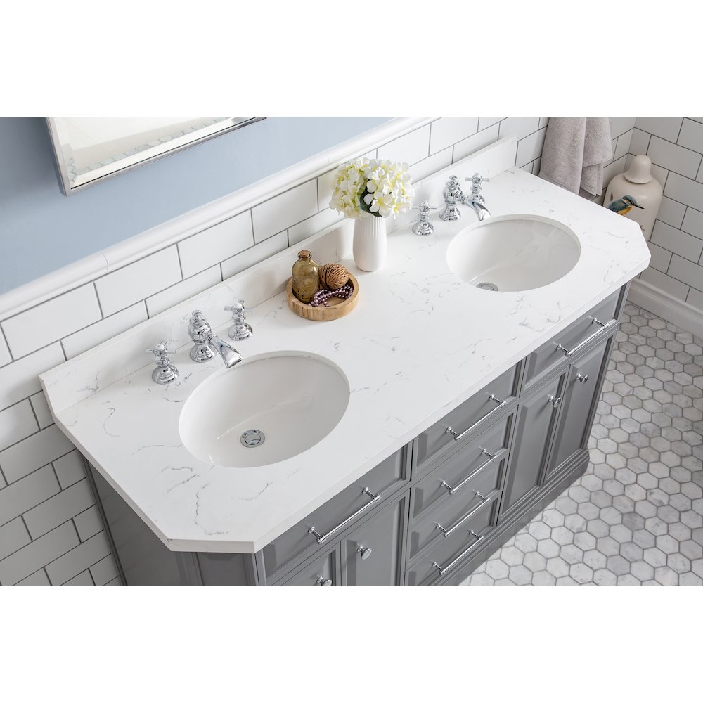 Palace 60 In. Double Sink Carrara Quartz Countertop Bath Vanity in Cashmere Grey. Picture 5
