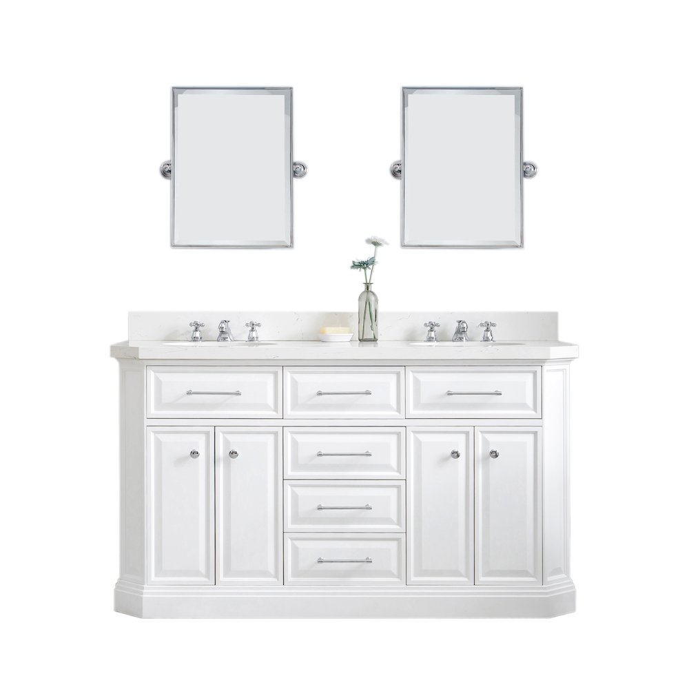 Palace 60 In. Double Sink Carrara Quartz Countertop Bath Vanity in Pure White. Picture 1