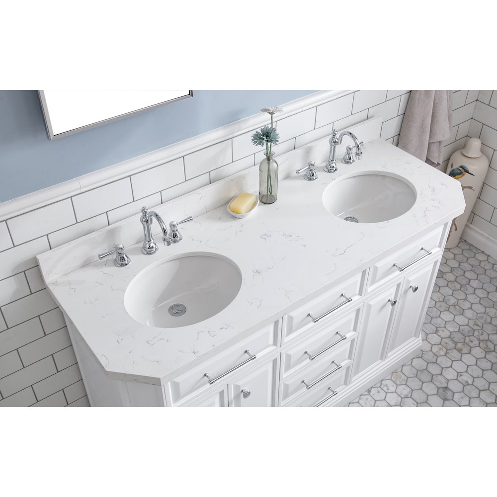 Palace 60 In. Double Sink Carrara Quartz Countertop Bath Vanity in Pure White. Picture 5