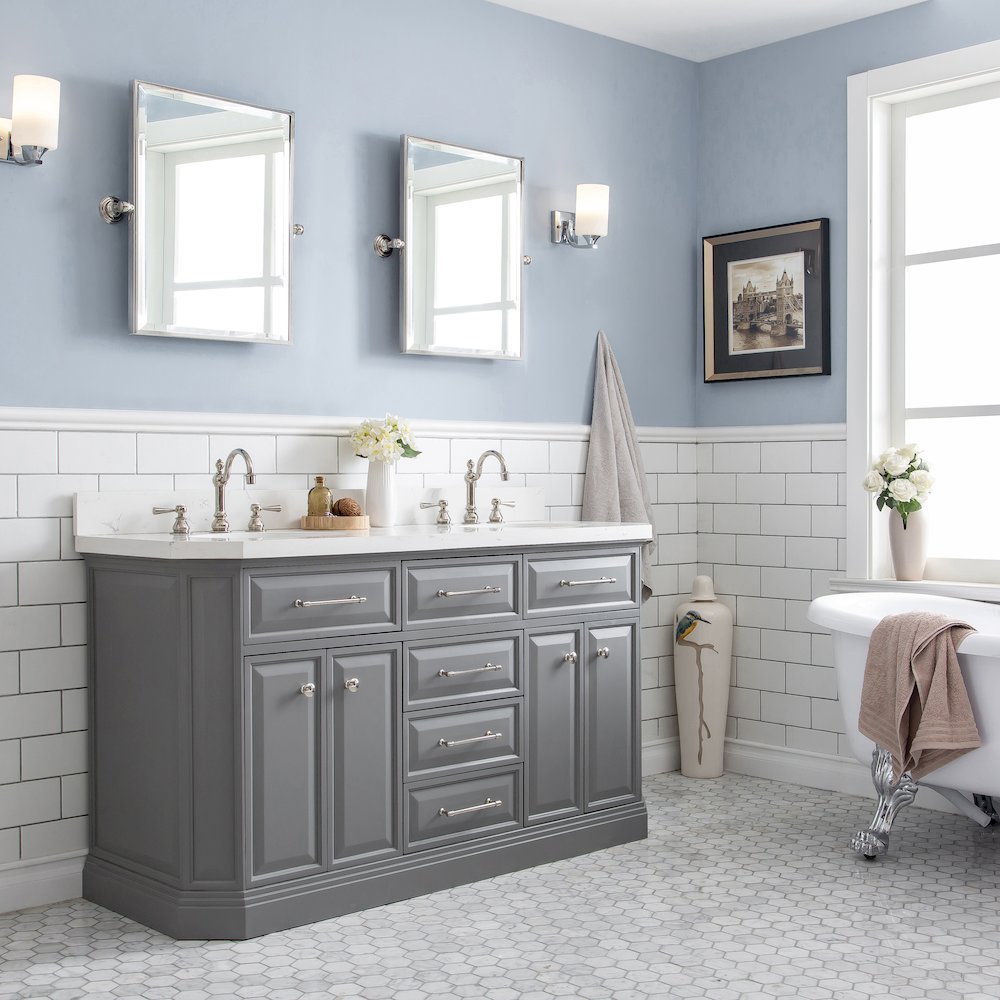 Palace 60 In. Double Sink Carrara Quartz Countertop Bath Vanity in Cashmere Grey. Picture 3