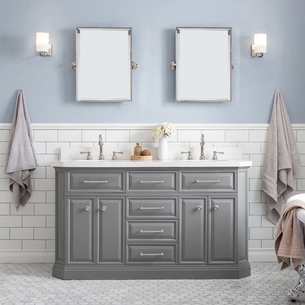 Palace 60 In. Double Sink Carrara Quartz Countertop Bath Vanity in Cashmere Grey. Picture 2