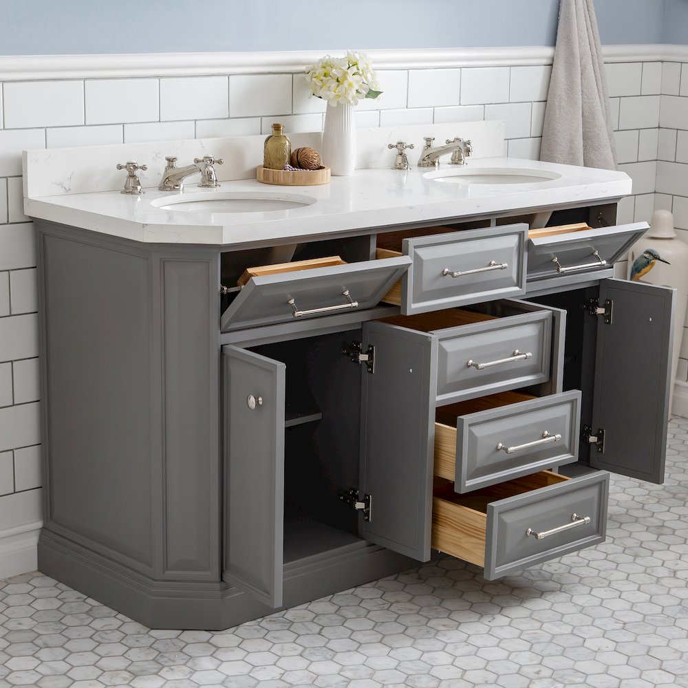 Palace 60 In. Double Sink Carrara Quartz Countertop Bath Vanity in Cashmere Grey. Picture 4