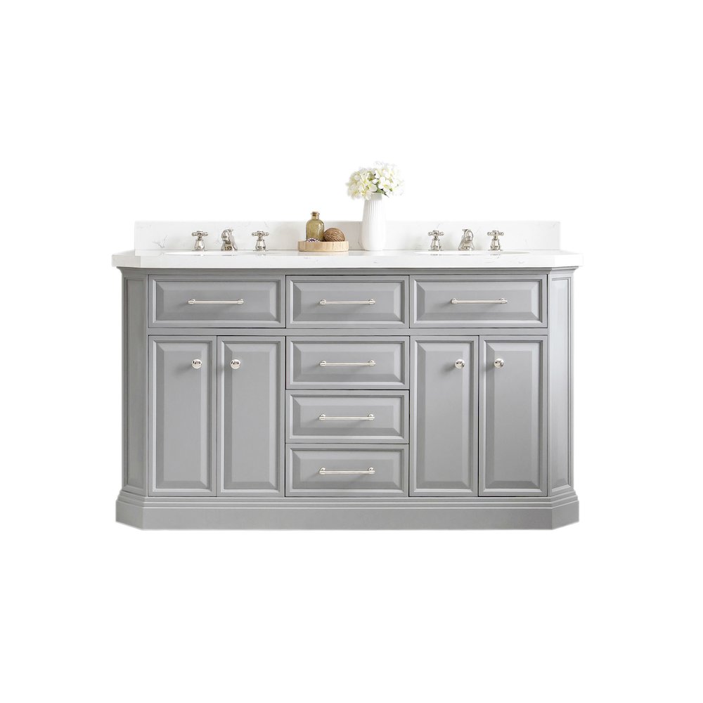 Palace 60 In. Double Sink Carrara Quartz Countertop Bath Vanity in Cashmere Grey. Picture 1