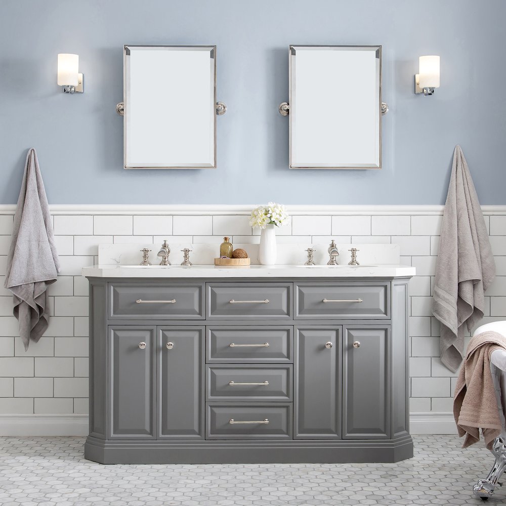 Palace 60 In. Double Sink Carrara Quartz Countertop Bath Vanity in Cashmere Grey. Picture 2