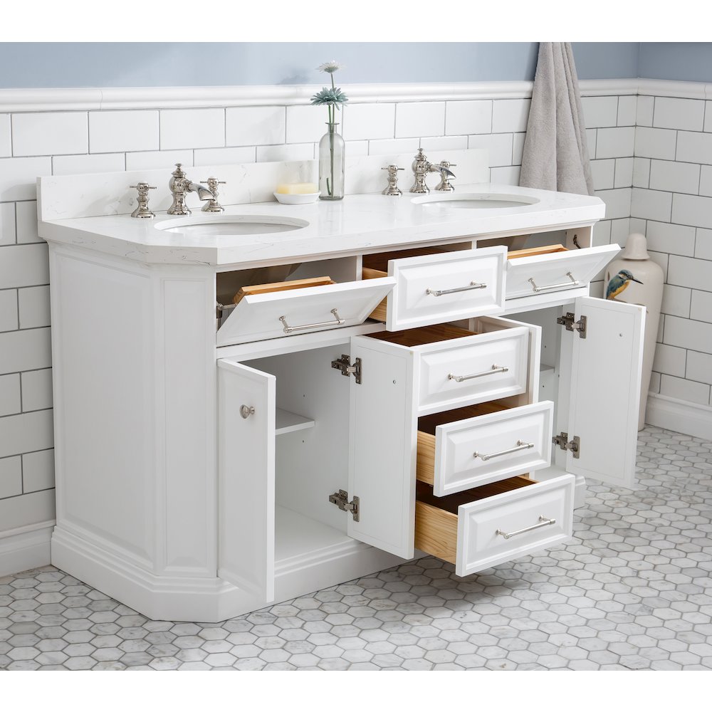 Palace 60 In. Double Sink Carrara Quartz Countertop Bath Vanity in Pure White. Picture 4