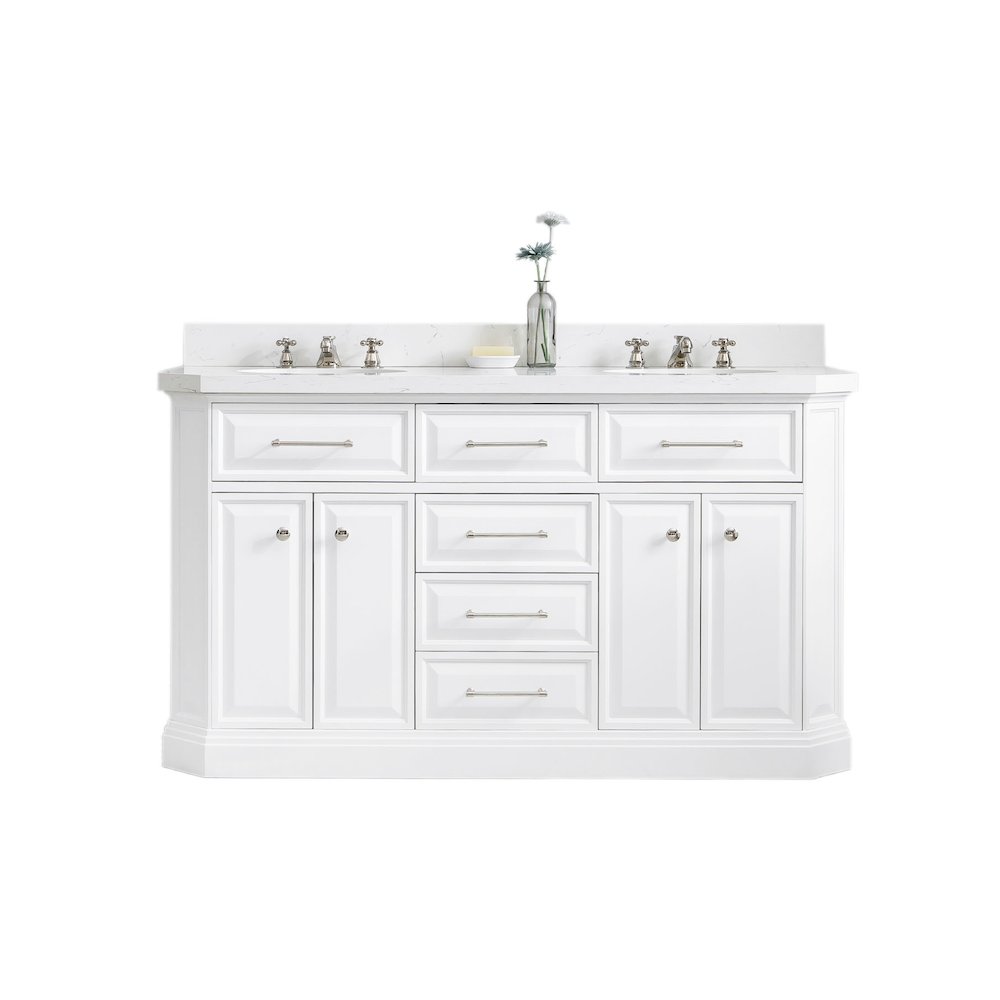 Palace 60 In. Double Sink Carrara Quartz Countertop Bath Vanity in Pure White. Picture 1
