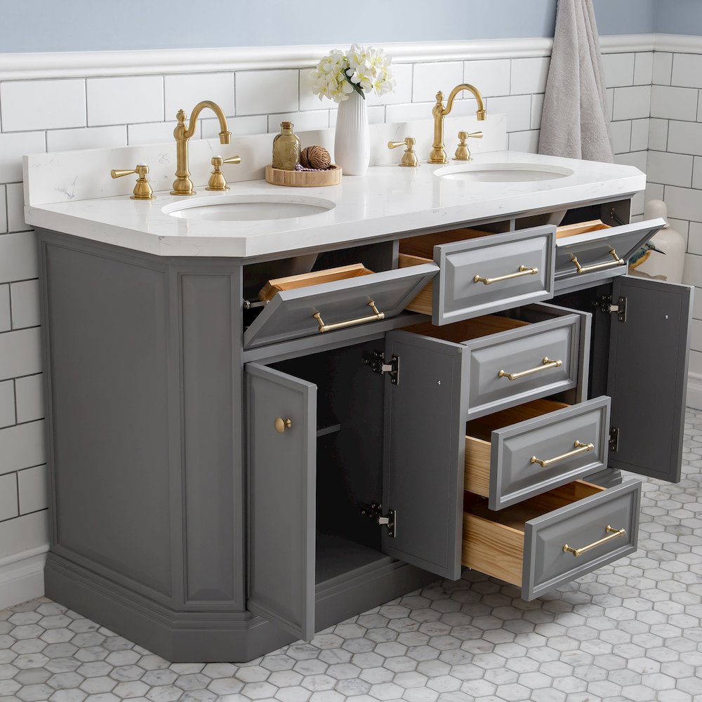 Palace 60 In. Double Sink Carrara Quartz Countertop Bath Vanity in Cashmere Grey. Picture 4