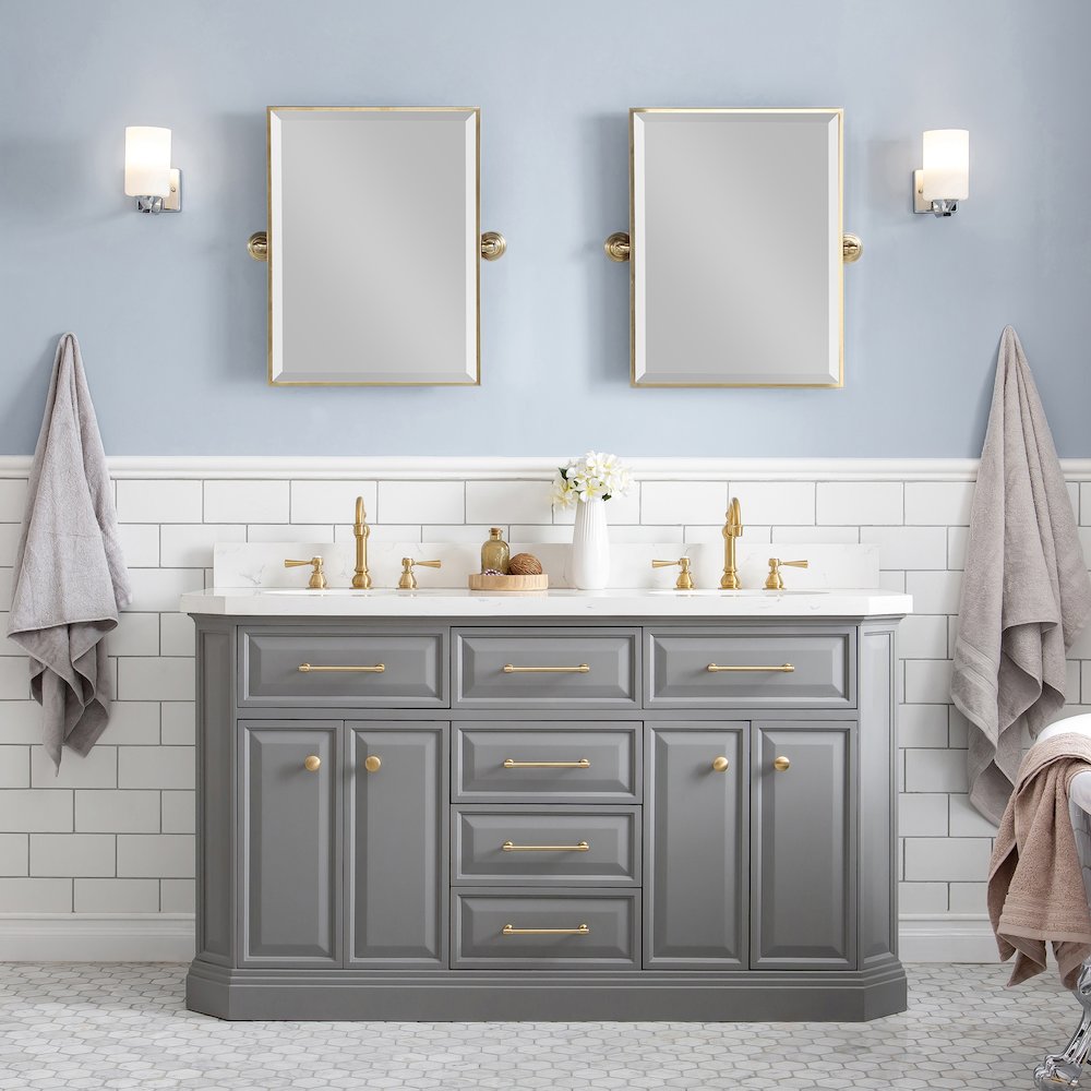 Palace 60 In. Double Sink Carrara Quartz Countertop Bath Vanity in Cashmere Grey. Picture 2