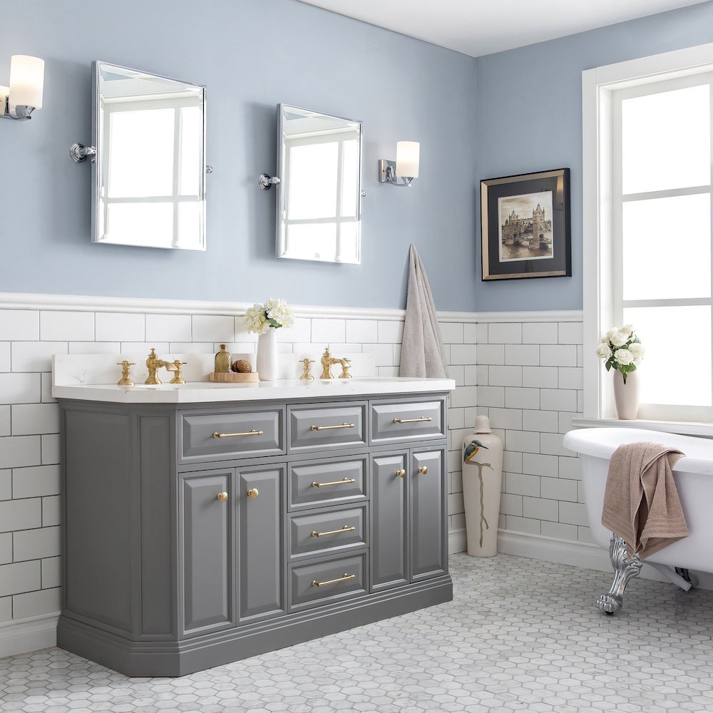 Palace 60 In. Double Sink Carrara Quartz Countertop Bath Vanity in Cashmere Grey. Picture 3