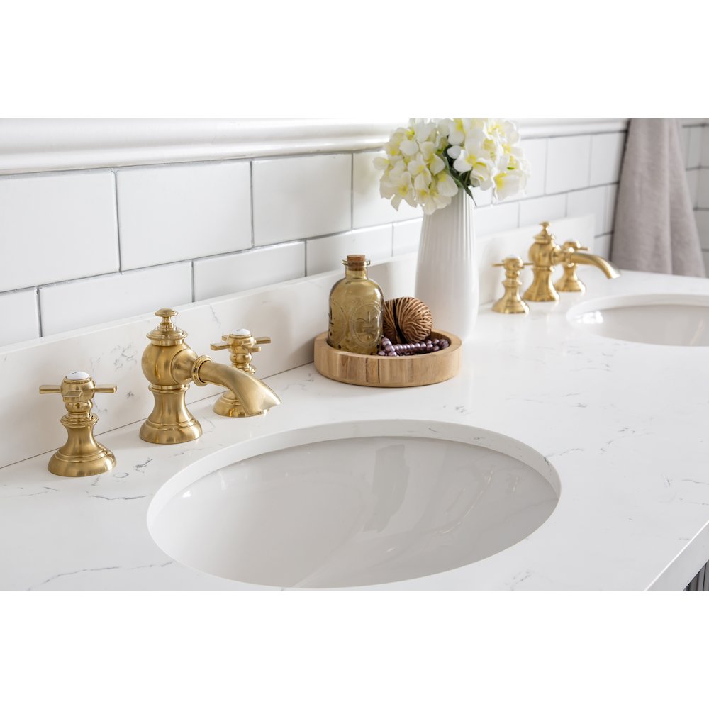 Palace 60 In. Double Sink Carrara Quartz Countertop Bath Vanity in Cashmere Grey. Picture 10
