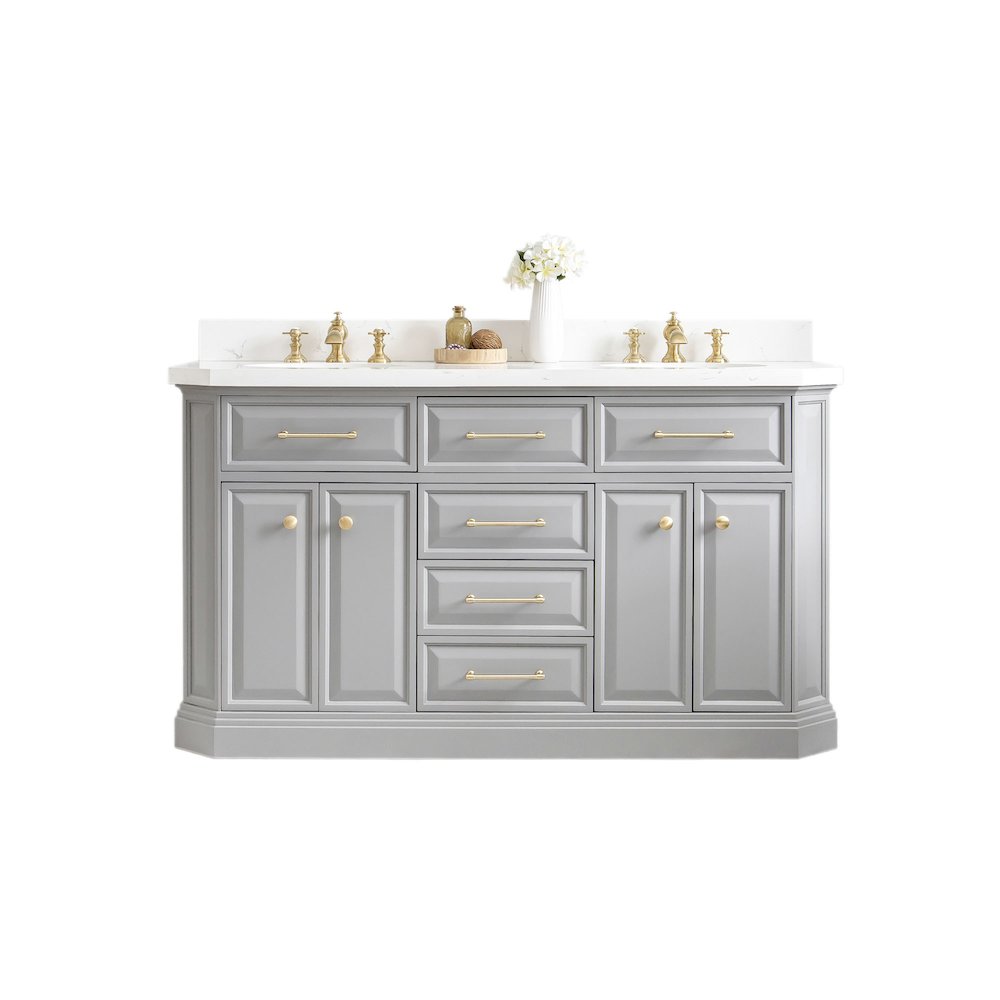 Palace 60 In. Double Sink Carrara Quartz Countertop Bath Vanity in Cashmere Grey. Picture 1
