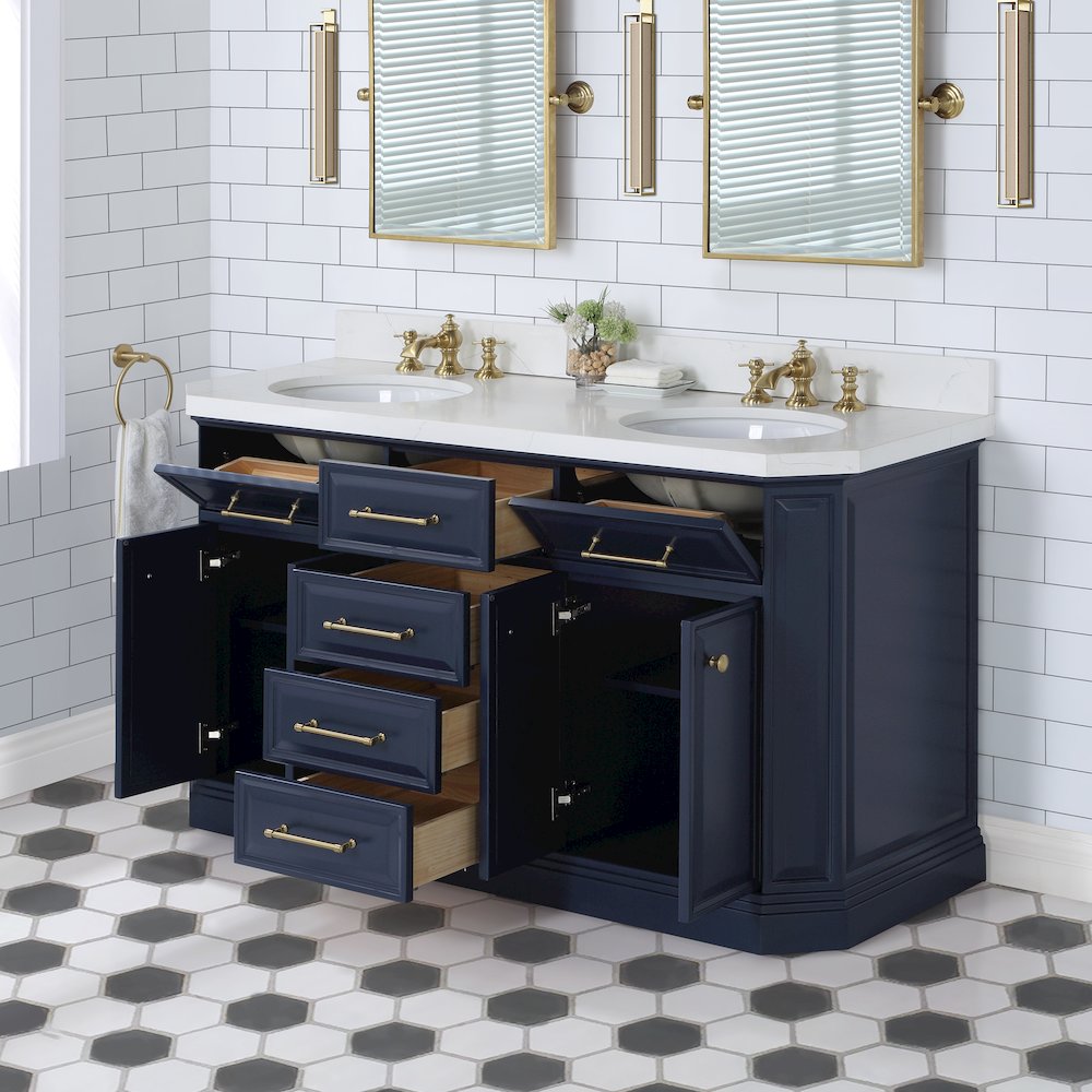 Palace 60 In. Double Sink Carrara Quartz Countertop Bath Vanity in Monarch Blue. Picture 8