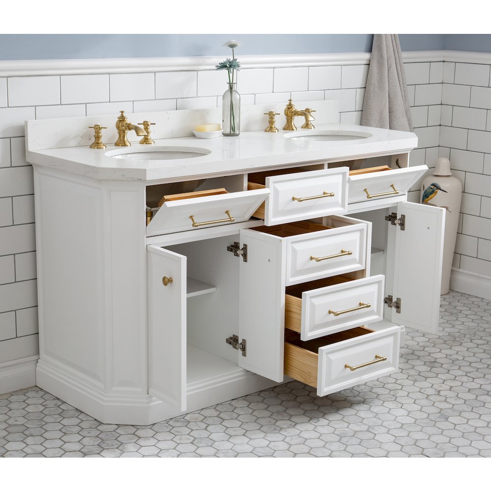 Palace 60 In. Double Sink Carrara Quartz Countertop Bath Vanity in Pure White. Picture 4