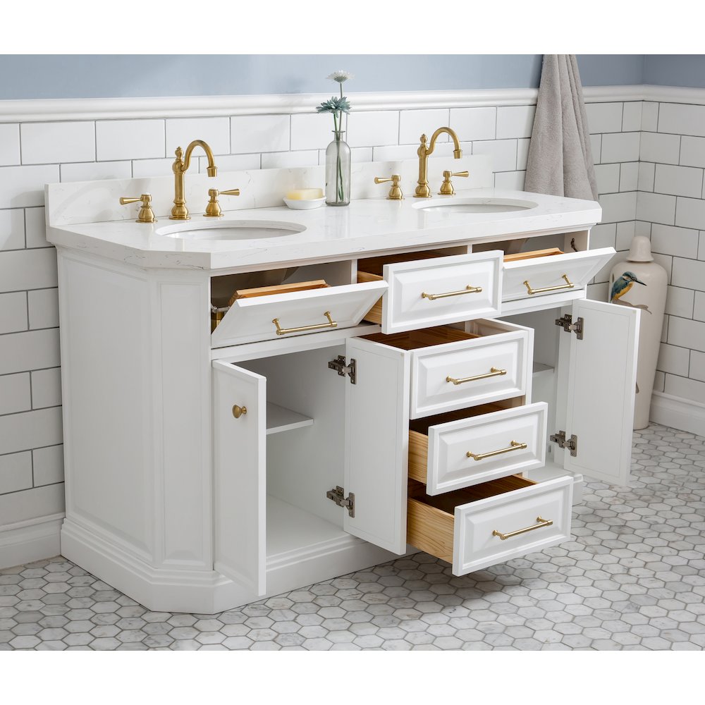 Palace 60 In. Double Sink Carrara Quartz Countertop Bath Vanity in Pure White. Picture 4