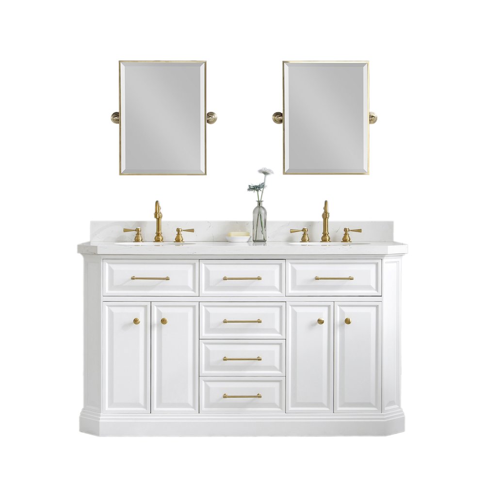 Palace 60 In. Double Sink Carrara Quartz Countertop Bath Vanity in Pure White. Picture 1