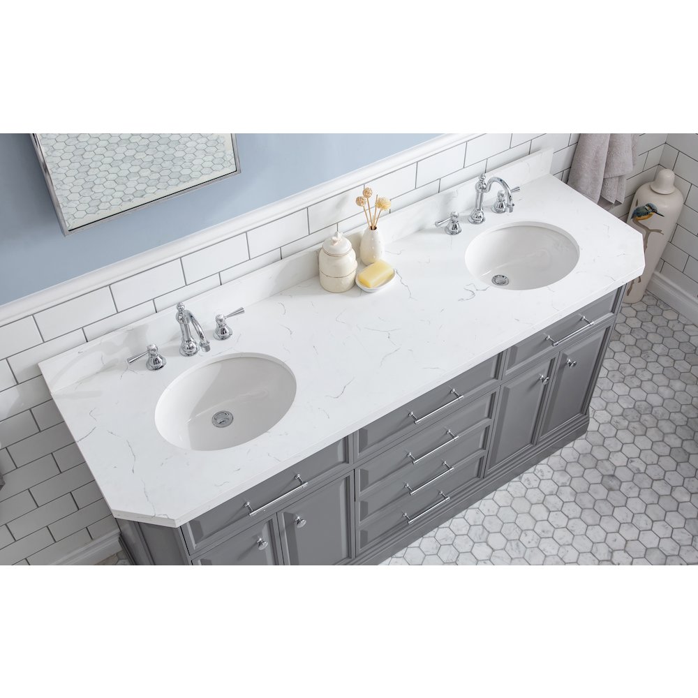 Palace 72 In. Double Sink Carrara Quartz Countertop Bath Vanity in Cashmere Grey. Picture 5