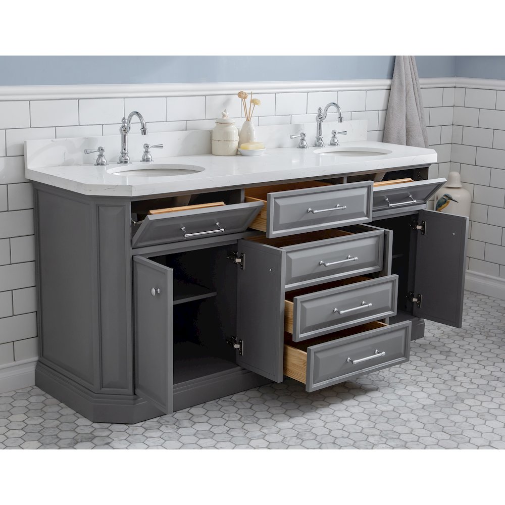 Palace 72 In. Double Sink Carrara Quartz Countertop Bath Vanity in Cashmere Grey. Picture 4