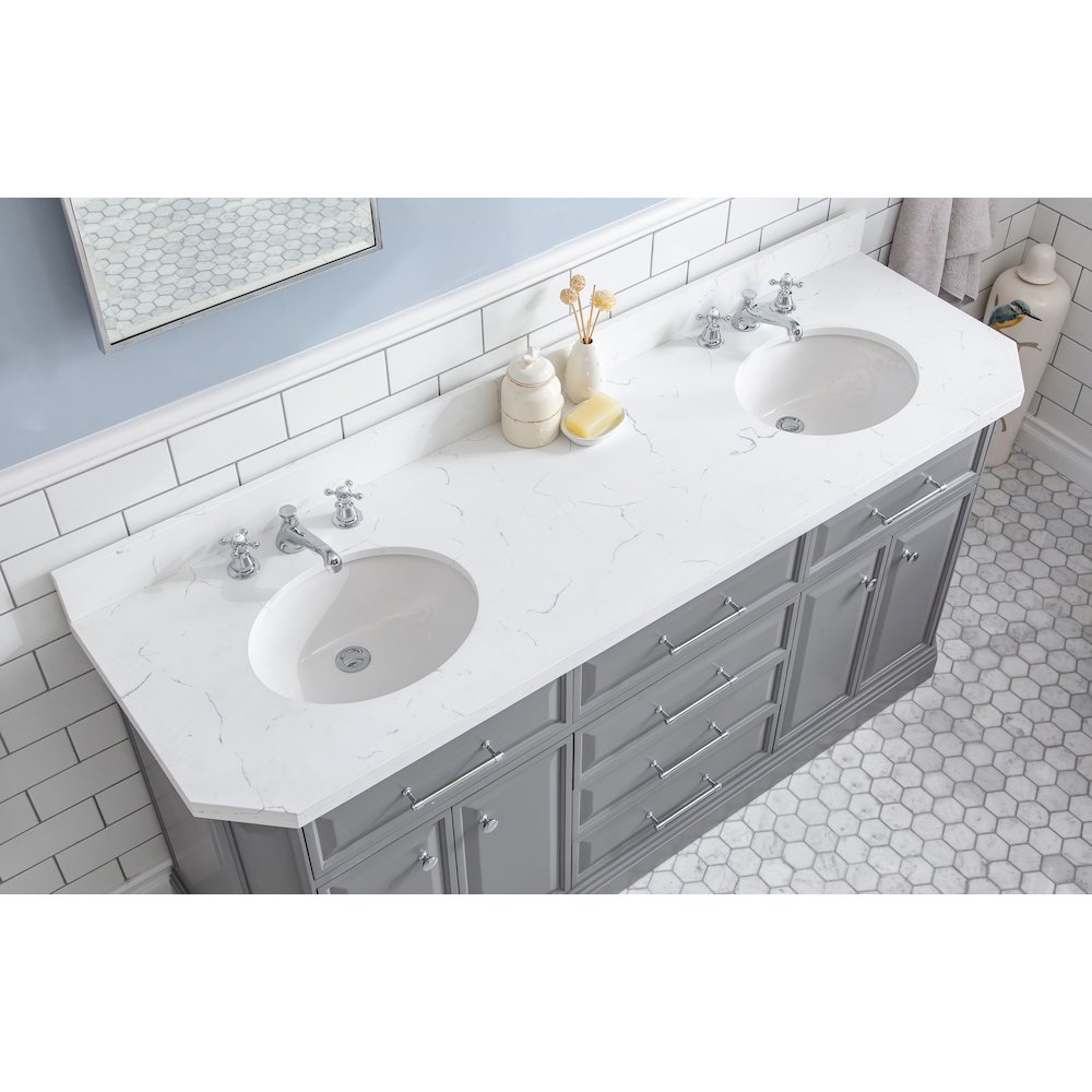 Palace 72 In. Double Sink Carrara Quartz Countertop Bath Vanity in Cashmere Grey. Picture 5