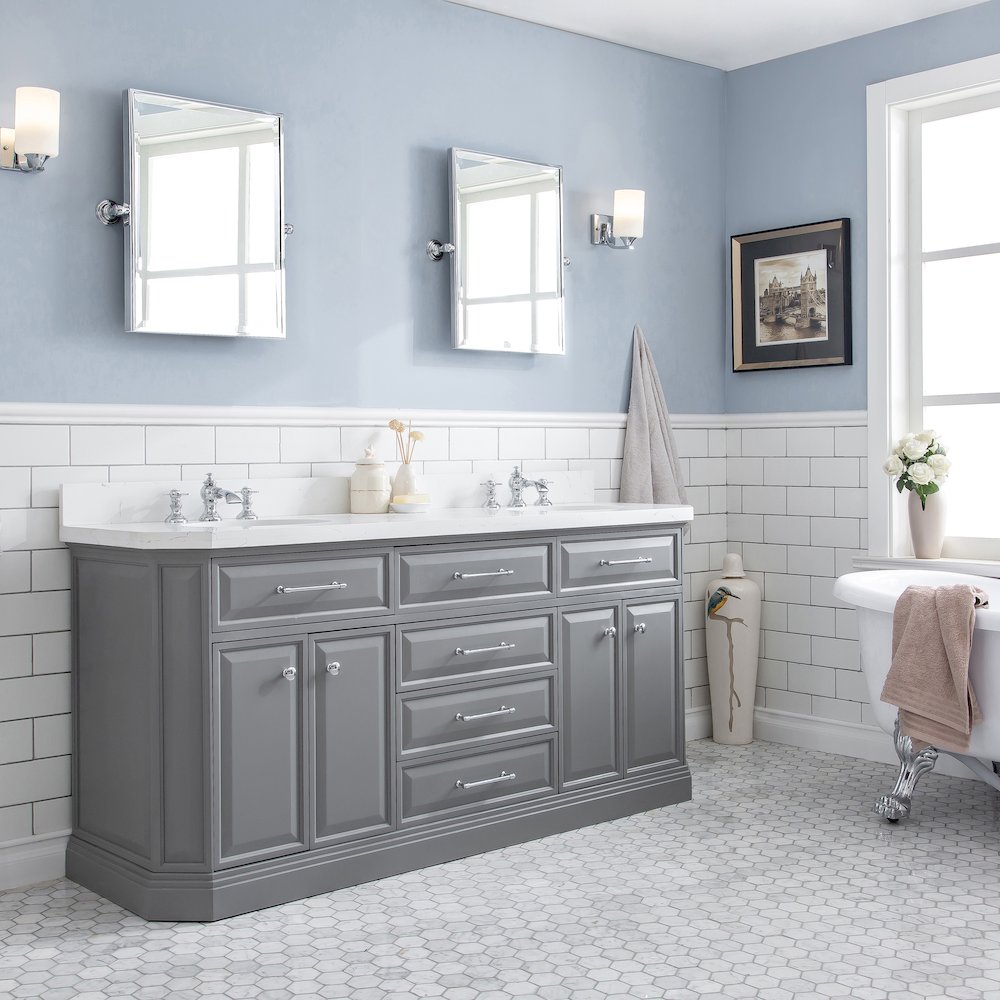Palace 72 In. Double Sink Carrara Quartz Countertop Bath Vanity in Cashmere Grey. Picture 3