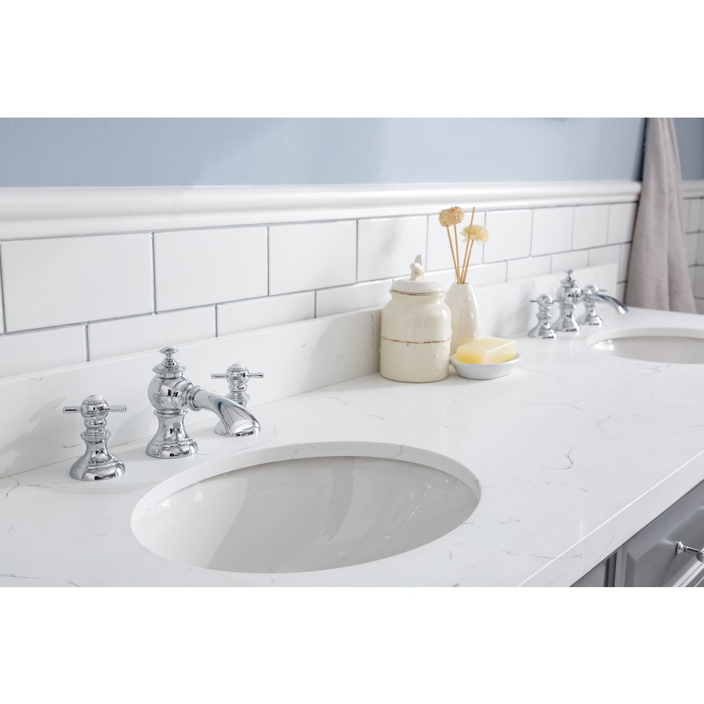 Palace 72 In. Double Sink Carrara Quartz Countertop Bath Vanity in Cashmere Grey. Picture 6