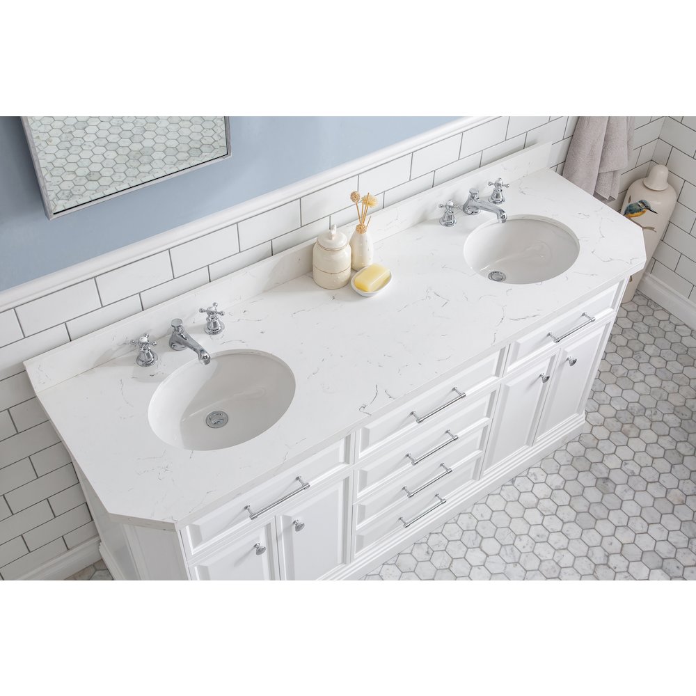 Palace 72 In. Double Sink Carrara Quartz Countertop Bath Vanity in Pure White. Picture 5