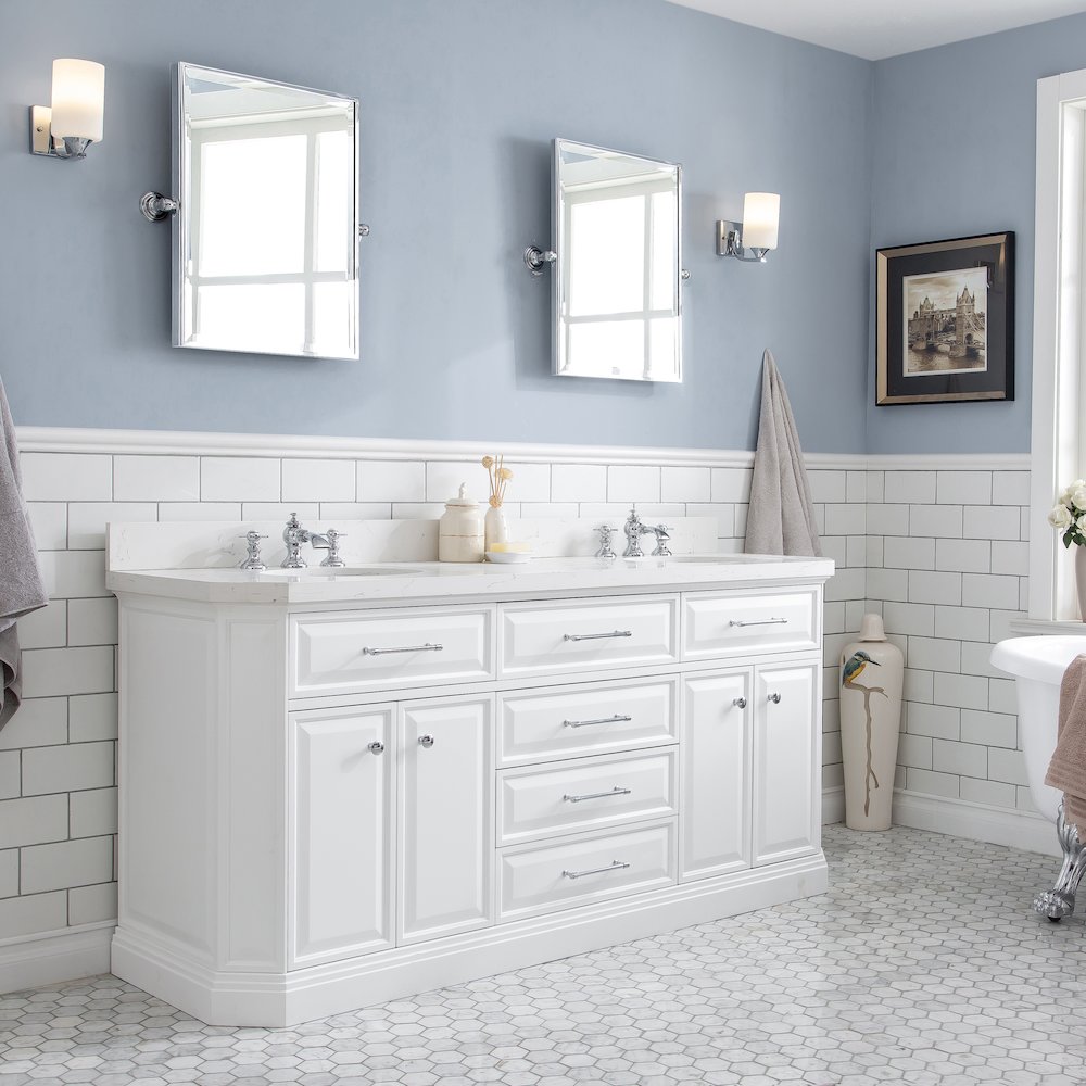 Palace 72 In. Double Sink Carrara Quartz Countertop Bath Vanity in Pure White. Picture 3