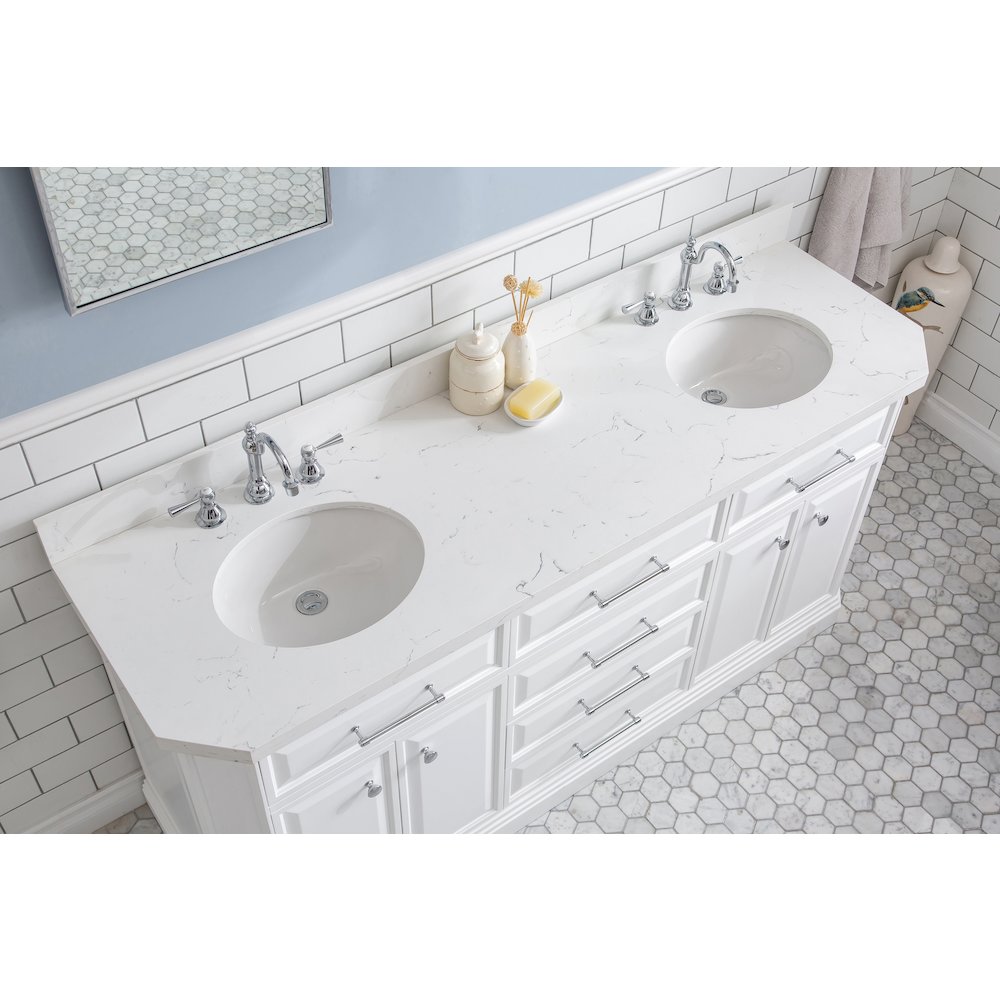 Palace 72 In. Double Sink Carrara Quartz Countertop Bath Vanity in Pure White. Picture 5