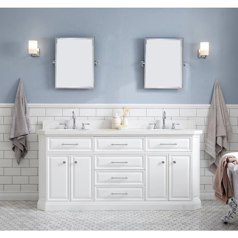 Palace 72 In. Double Sink Carrara Quartz Countertop Bath Vanity in Pure White. Picture 2