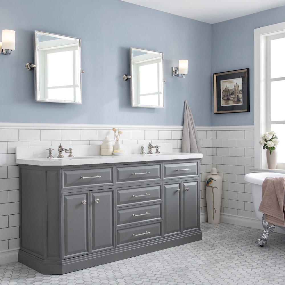 Palace 72 In. Double Sink Carrara Quartz Countertop Bath Vanity in Cashmere Grey. Picture 3