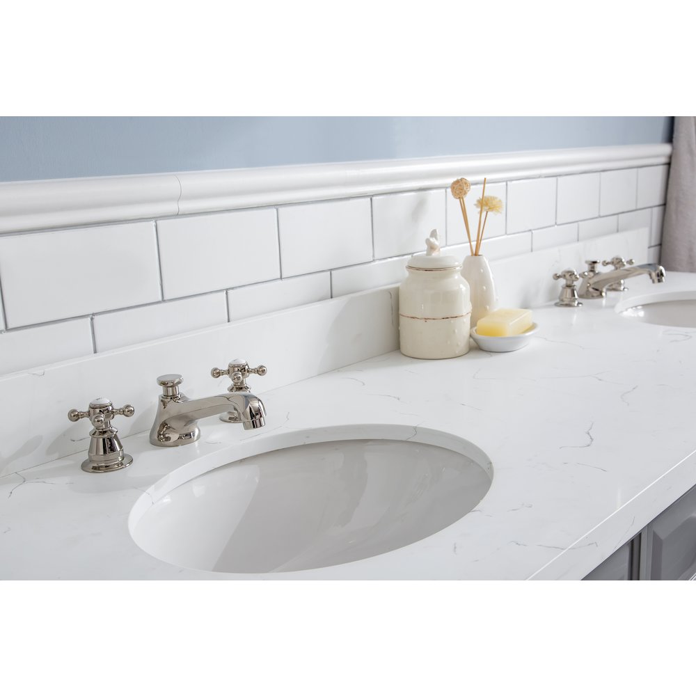 Palace 72 In. Double Sink Carrara Quartz Countertop Bath Vanity in Cashmere Grey. Picture 6