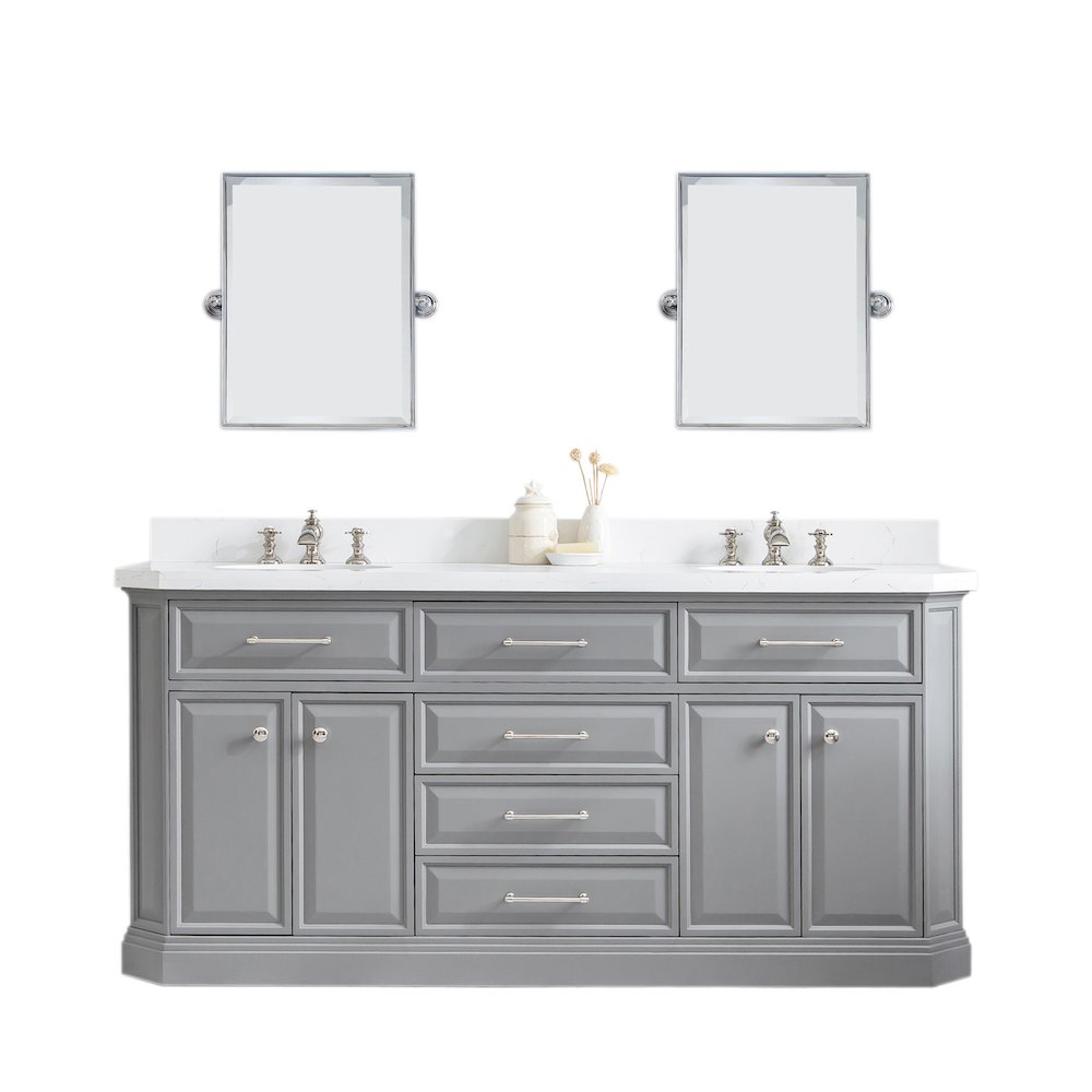 Palace 72 In. Double Sink Carrara Quartz Countertop Bath Vanity in Cashmere Grey. Picture 1