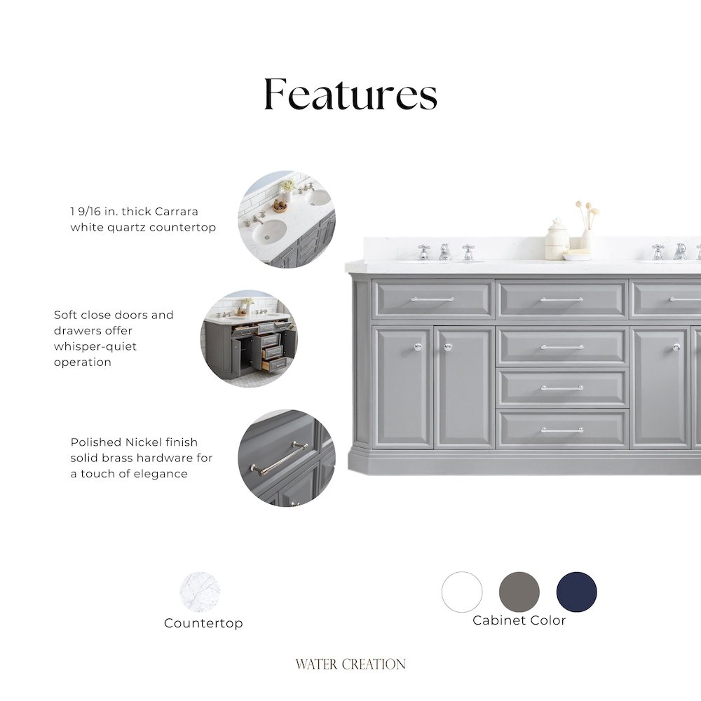 Palace 72 In. Double Sink Carrara Quartz Countertop Bath Vanity in Cashmere Grey. Picture 13