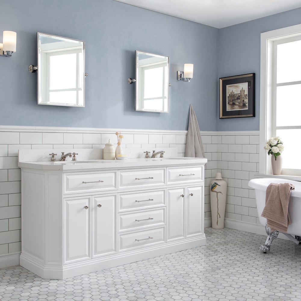 Palace 72 In. Double Sink Carrara Quartz Countertop Bath Vanity in Pure White. Picture 3