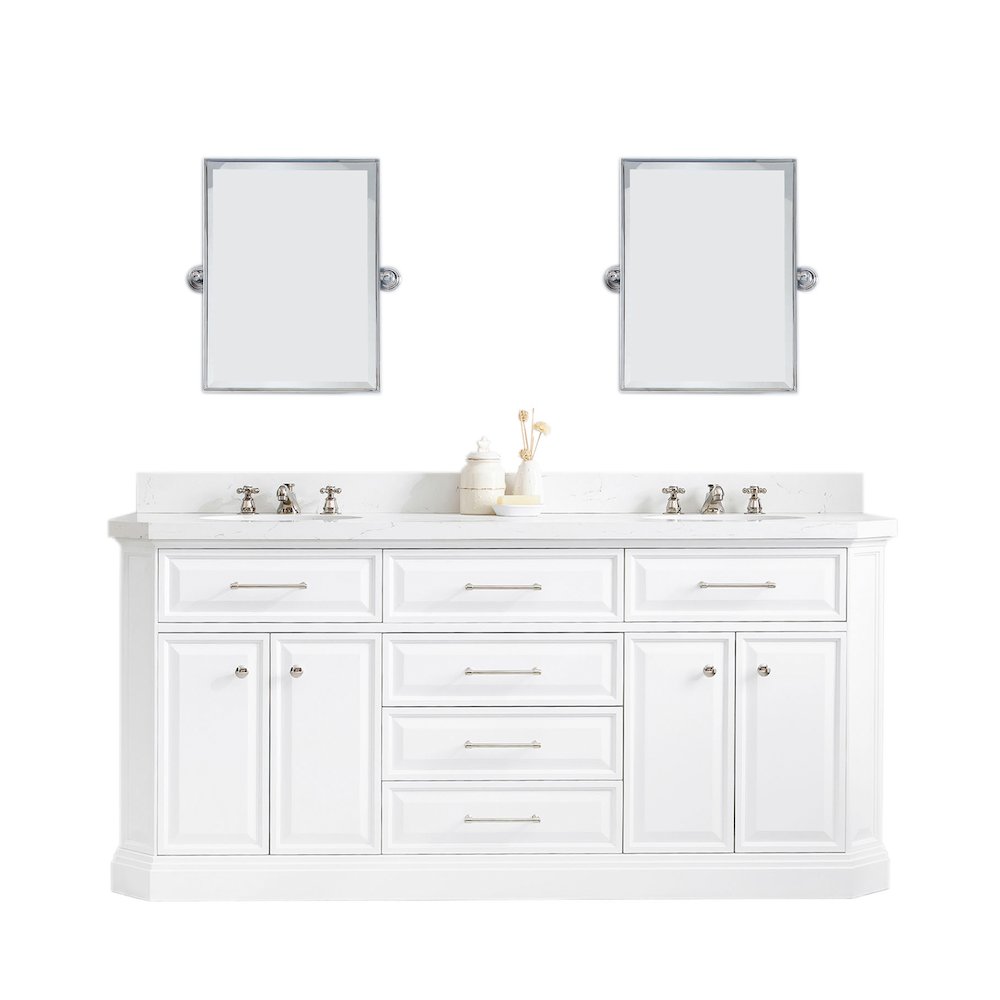 Palace 72 In. Double Sink Carrara Quartz Countertop Bath Vanity in Pure White. Picture 1