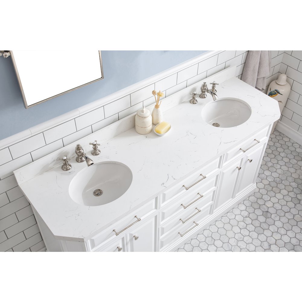 Palace 72 In. Double Sink Carrara Quartz Countertop Bath Vanity in Pure White. Picture 5