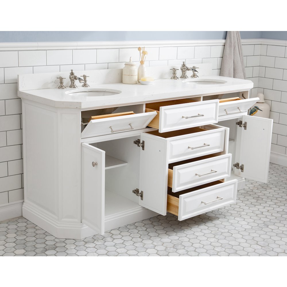 Palace 72 In. Double Sink Carrara Quartz Countertop Bath Vanity in Pure White. Picture 4